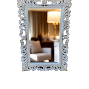 Distressed Hand Carved Elegant Large Rectangle Hanging Wall Accent Entryway Large Mirror