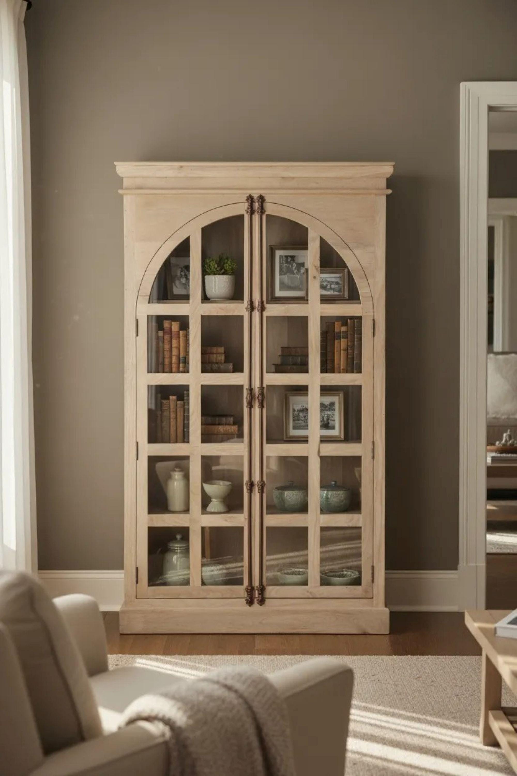 Arched Glass Door Bookcase Modern Display China Curio Cabinet