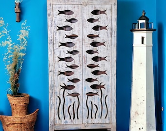 Hand Carved Coastal Fish Cabinet: Shabby Chic Beach House Storage