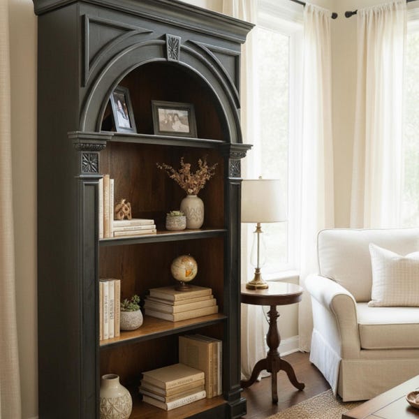 Modern Large Tall Bookcase Hand Carved Solid Wood Traditional Black Finish