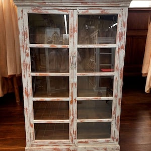 Rustic Distressed Glass Display Case Large Storage Pantry Kitchen Den 2 Door Cabinet