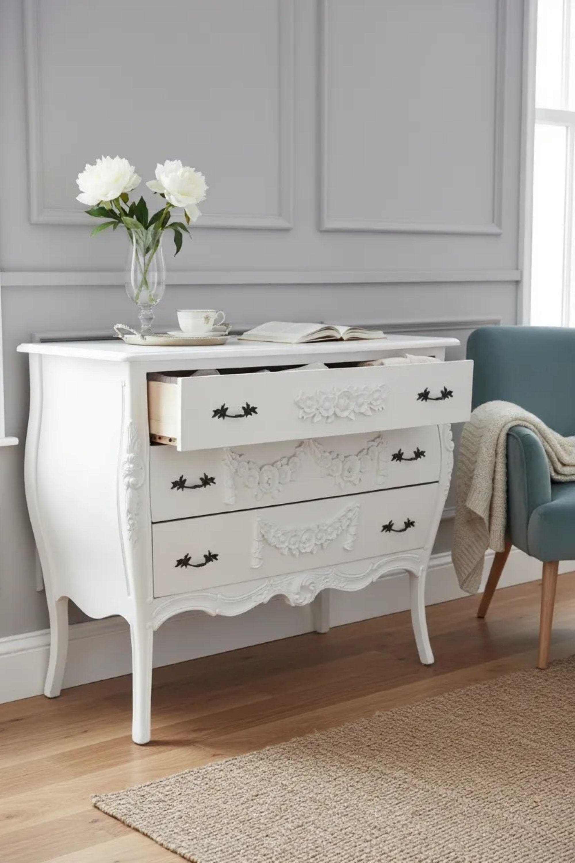French Country Dresser White Bombay Chest Hand Carved Floral
