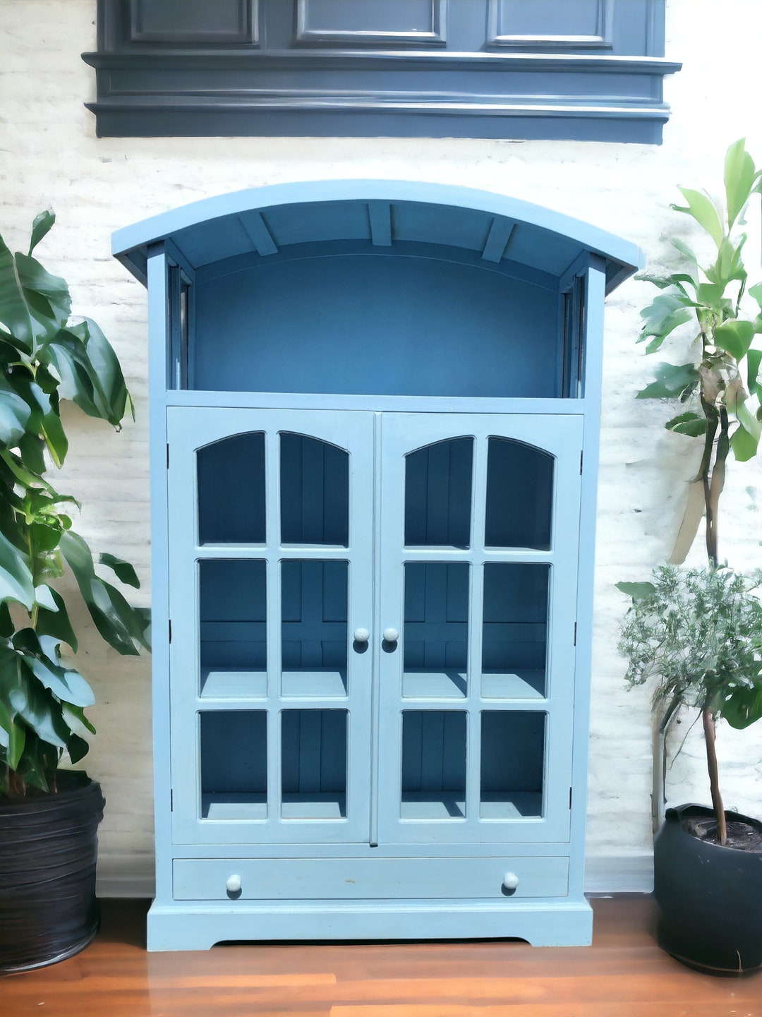 Coastal Tall Dome Top Cape Cod Glass Door Display Curio Cabinet Shabby ...