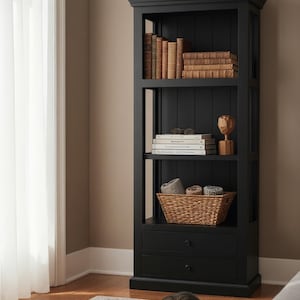 Cape Cod Display 2 Drawer Open Shelf Modern Black Storage Cabinet Glass Sides Bookcase