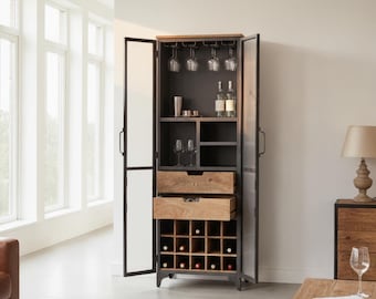 Industrial Wooden 2 Drawer Tall Modern Display Glass Linen Pantry Storage Cabinet