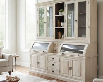 Farmhouse Display Cabinet Large 4-Door Pantry Kitchen Hutch Curio China Cabinet Bread Roll