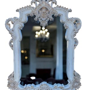 French Country Distressed Gold Off White Large Wall Mirror Handcrafted Solid Wood Wall Decor