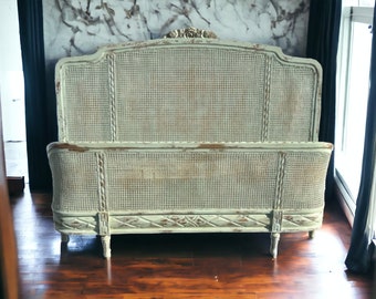 Country French Caned King Size Bed Complete, Bed Room, Shabby Chic, Custom. Wrap Around Foot Board.