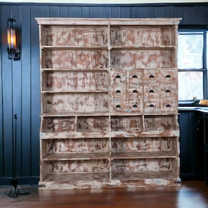 Solid Wood Open Shelf Bookcase: Farmhouse Country Distressed Display Cabinet