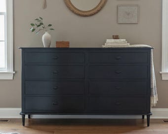 Hand Carved Mango Wood Dresser Coastal Modern Black 8-Drawer