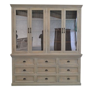 Mango Wood Glass Door Bookcase: Coastal Display Cabinet with 9 Drawers