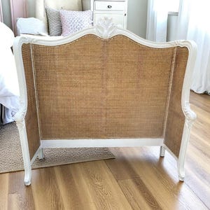 Shabby Chic French Country Queen Cane Headboard Romantic Bedroom Furniture Handcrafted Double Hole Cane Designer Mahogany