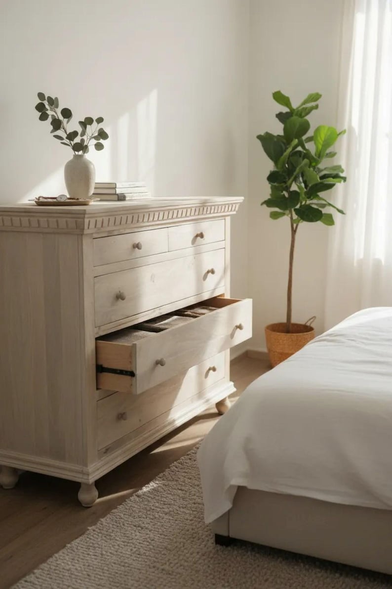Cómoda Maxwell tallada a mano de 5 cajones, muebles de dormitorio grandes de estilo shabby chic costero imagen 1