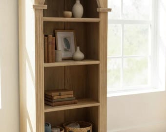 Hand Crafted Roosevelt Single Arch Pine Bookcase with Drawer Display