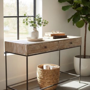 2 Drawer Iron & Solid Wood Desk Console Table Home Office Dorm Industrial
