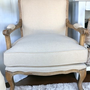 Modern Upholstered Linen Hand Carved Made Wide Accent Office Armchair Tall Back Armchair