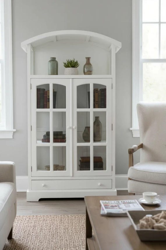 Coastal White Dome Top Curio Cabinet Cape Cod Glass Door Display