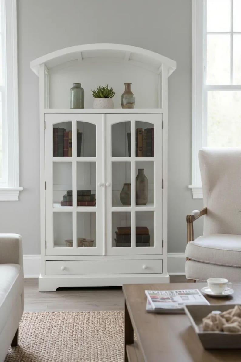 Coastal White Dome Top Curio Cabinet Cape Cod Glass Door Display image 1