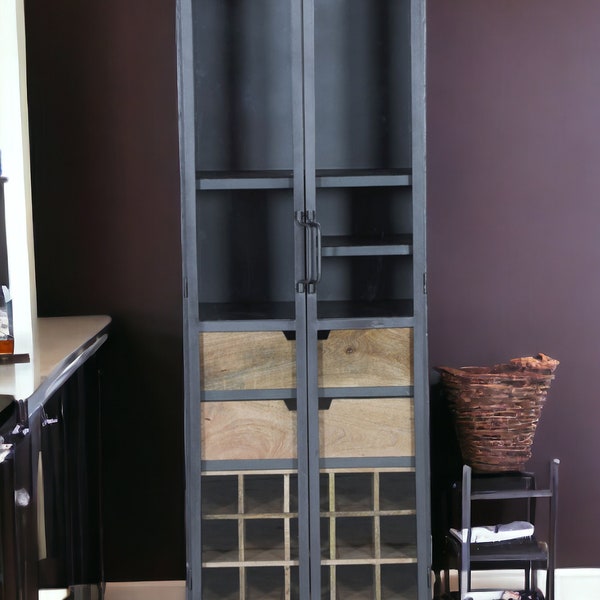 Industrial Wooden 2 Drawer Tall Modern Display Glass Cabinet