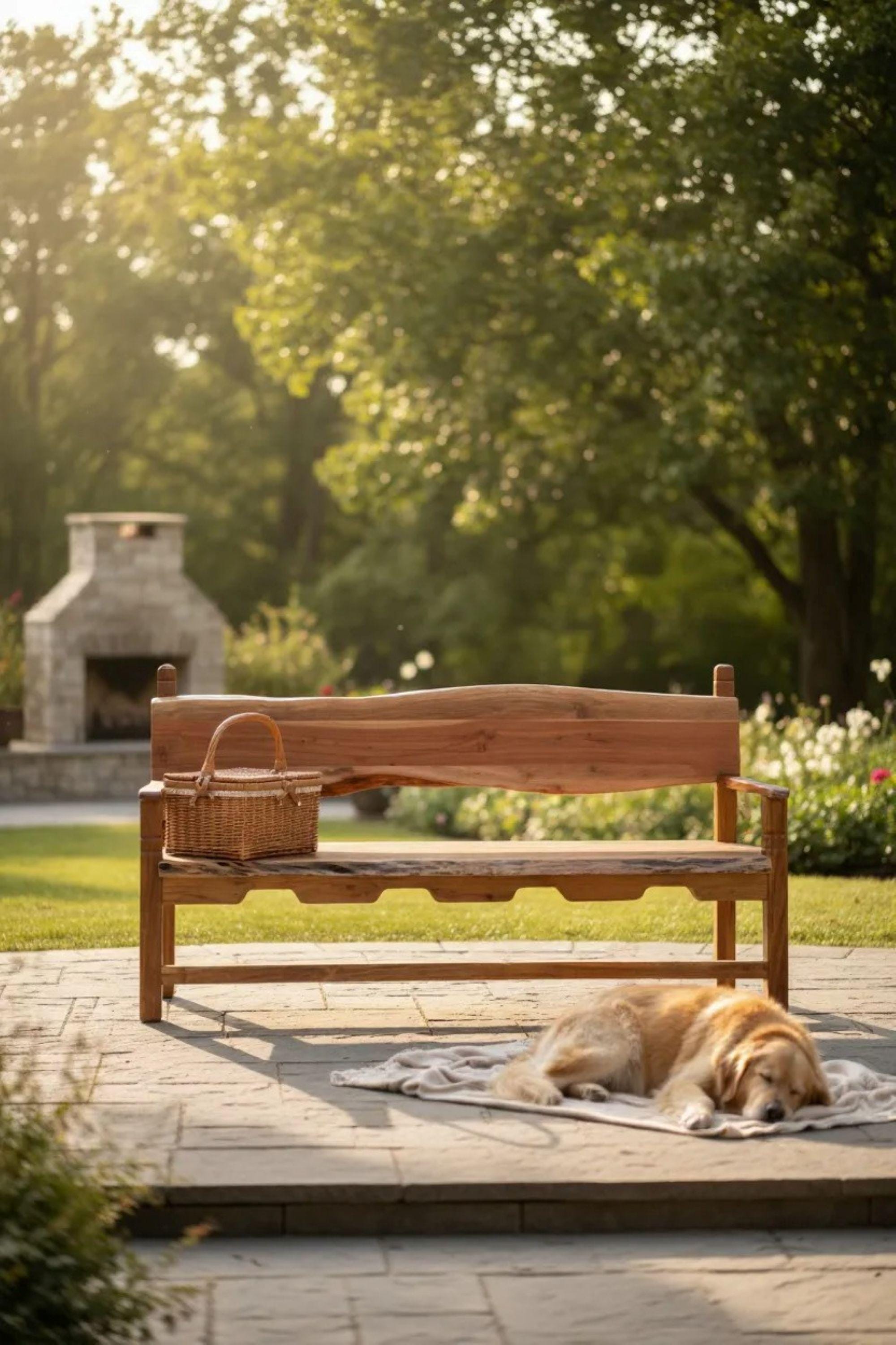 Live Edge Acasia Wood Garden Bench: Hand Carved Rustic Outdoor