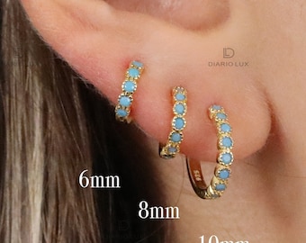 Turquoise Bezel Huggie Hoop Earrings, Everyday Earrings, Dangle Earrings, Gold Silver Earrings, Minimalist Earrings, Birthday Gift