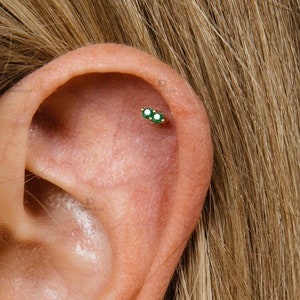 Emerald Double Stone Threadless Push Pin,Cartilage Earrings,Tragus Stud, Helix Stud, Flat Back Stud, 925 Sterling Silver, Minimalist Earring