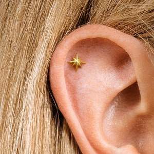 Solid Star Threadless Push Pin, Cartilage Earrings, Tragus Stud, Helix Stud, Flat Back Stud, 925 Sterling Silver, Minimalist Earring