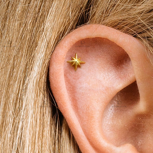 Épingle sans fil étoile solide, boucles d'oreilles cartilage, clou tragus, clou hélicoïdal, clou à l'arrière plat, argent sterling 925, boucle d'oreille minimaliste