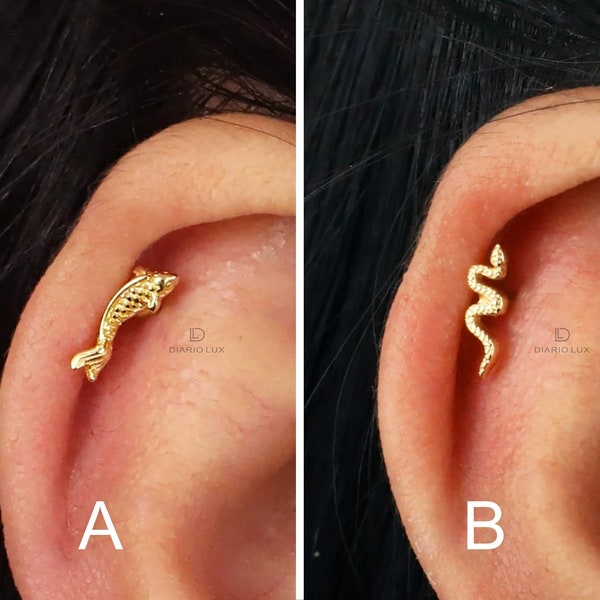 Koi & Serpent Climber Flat Back Labret, Cartilage Earrings, Tragus Stud, Helix Stud, Flat Back Stud, 925 Sterling Silver
