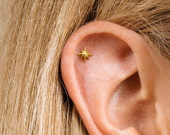 Pasador de empuje sin rosca de estrella sólida, pendientes de cartílago, perno de tragus, perno de hélice, perno de espalda plana, plata de ley 925, pendiente minimalista