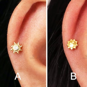 Sun Flat Back Labret, Cartilage Earrings, Tragus Stud, Helix Stud, Flat Back Stud, 925 Sterling Silver, Dainty Minimalist Earring