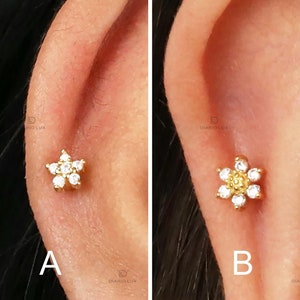 Sunflower Flat Back Labret, Cartilage Earrings, Tragus Stud, Helix Stud, Flat Back Stud, 925 Sterling Silver, Dainty Minimalist Earring