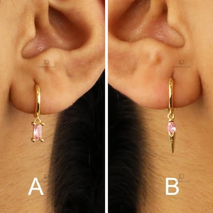 Pink Tourmaline Dangle Huggie Hoop Earrings, Everyday Earrings, Dainty Earrings, Gold Silver Earrings, Minimalist Earrings, Birthday Gift