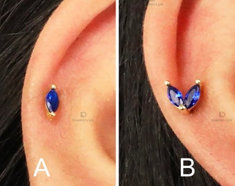 Sapphire Marquise Flat Back Labret, Cartilage Earrings, Tragus Stud, Helix Stud, Flat Back Stud, 925 Sterling Silver, Minimalist Earring