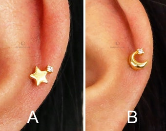 Moon & Star Flat Back Labret, Cartilage Earrings, Tragus Stud, Helix Stud, Flat Back Stud, 925 Sterling Silver, Minimalist Earring