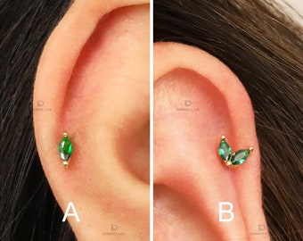 Emerald Marquise Flat Back Labret, Cartilage Earrings, Tragus Stud, Helix Stud, Flat Back Stud, 925 Sterling Silver, Minimalist Earring