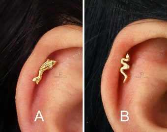 Koi & Serpent Climber Flat Back Labret, Cartilage Earrings, Tragus Stud, Helix Stud, Flat Back Stud, 925 Sterling Silver