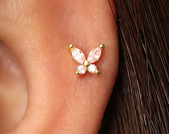 18G Pink Tourmaline Butterfly Labret: Sterling Silver Cartilage lobe rook conch helix tragus Earring