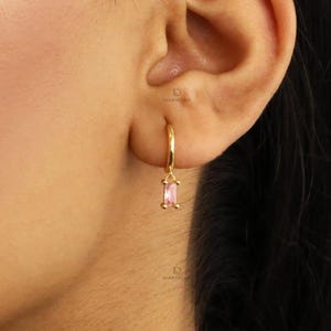 Pink Tourmaline Dangle Huggie Hoop Earrings;925 sterling silver, sparkle CZ, lobe, Simple design, minimalist, gift, 18G post, non-tarnish