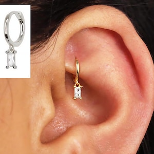 18G Danity white Baguette Cartilage Hoop Earring • tiny gold cartilage hoop • baguette stones • silver hoop • dainty cartilage earrings