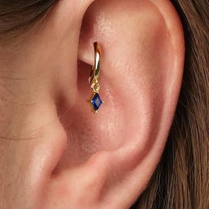 18G Sapphire Rook and Cartilage Hoop Earring • tiny gold cartilage hoop • baguette stones • silver hoop • rook earrings