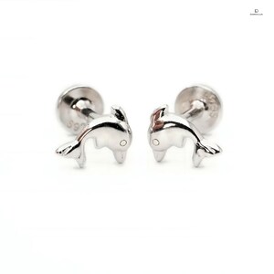 May include: A pair of silver stud earrings featuring a dolphin design. The earrings are small and delicate, perfect for everyday wear.