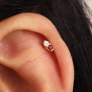 Ruby Mismatched double stones style Flat Back Labret, Cartilage Earrings, Tragus Stud, Helix Stud, Stud, 925 Sterling Silver,