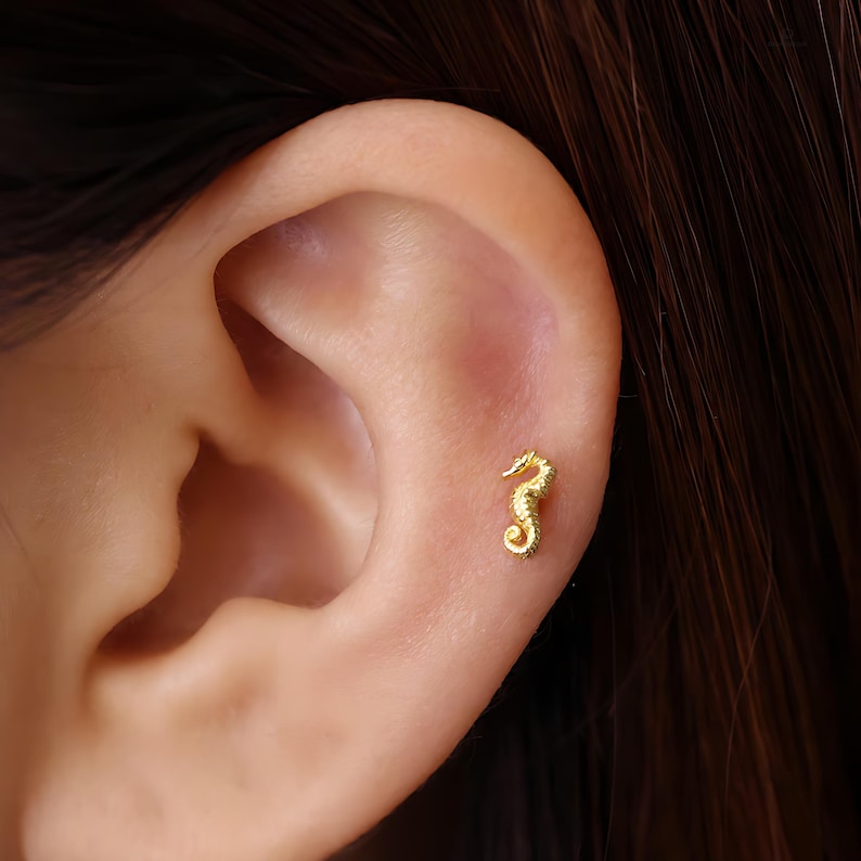 K&ouml;nnte beinhalten: Nahaufnahme eines Ohrs mit einem goldenen Seepferdchen-Ohrring. Der Ohrring ist ein kleines, zartes Schmuckst&uuml;ck, das perfekt ist, um jedem Outfit einen Hauch von Verspieltheit zu verleihen.