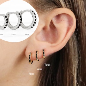 Dainty black stone Huggies Hoop Earrings, Everyday Earrings, Dangle Earrings, Gold Silver Earrings, Minimalist Earrings, Birthday Gift
