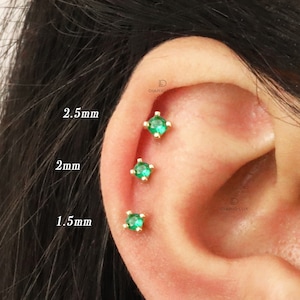 Emerald Threadless Push Pin, Cartilage Earrings, Tragus Stud, Helix Stud, Flat Back Stud, 925 Sterling Silver, Minimalist Earring