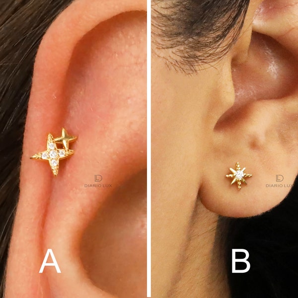 Star Flat Back Labret, Cartilage Earrings, Tragus Stud, Helix Stud, Flat Back Stud, 925 Sterling Silver, Dainty Minimalist Earring