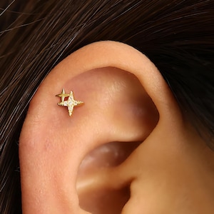 Twin Stars Flat Back Labret, Cartilage Earrings, Tragus Stud, Helix Stud, Flat Back Stud, 925 Sterling Silver, Dainty Minimalist Earring