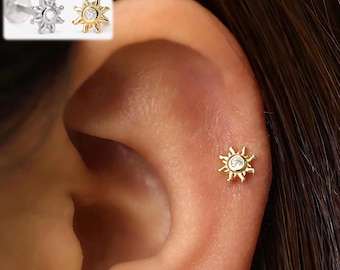 Labret interno roscado con delicado diamante en forma de sol: plata de ley 925. Para cartílago, lóbulo, rook, daith y concha.