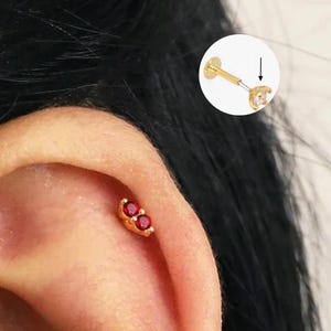 Ruby Double Stone Threadless Push Pin,Cartilage Earrings,Tragus Stud, Helix Stud, Flat Back Stud, Sterling Silver, Minimalist Earring